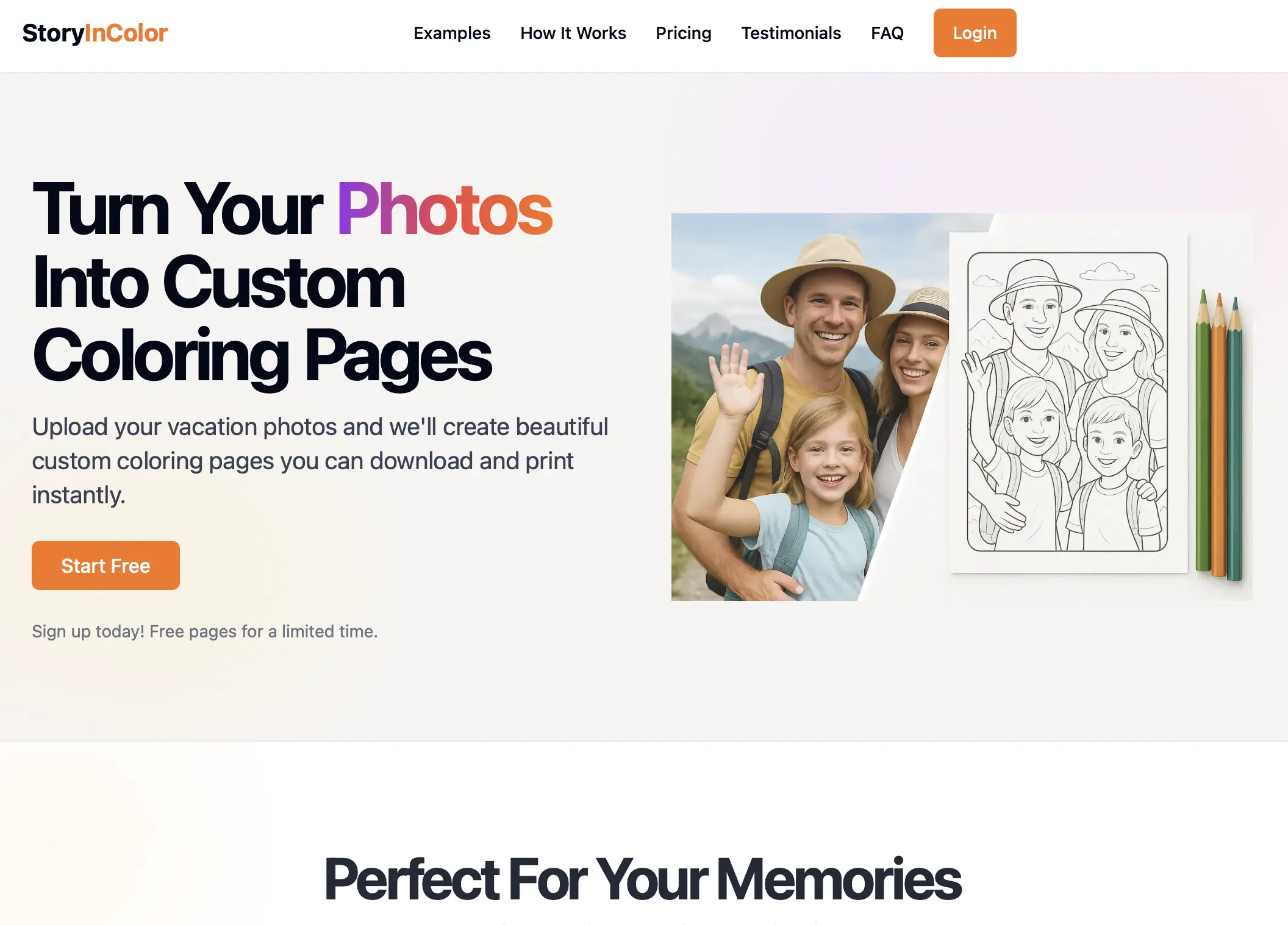StoryInColor - AI photo-to-coloring page converter interface